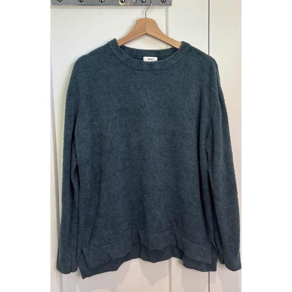 Knix Coziness Crewneck Sweater XL‎ Teal Blue Fuzzy Textured Boucle Knit Relaxed